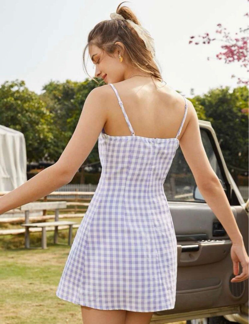 Cute summer dress checkered spaghetti straps Women s Fashion