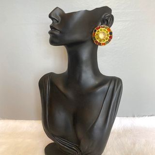 Gerard Yosca Signed Vintage Gold Multicolor Glass Enamel Clip On Earrings
