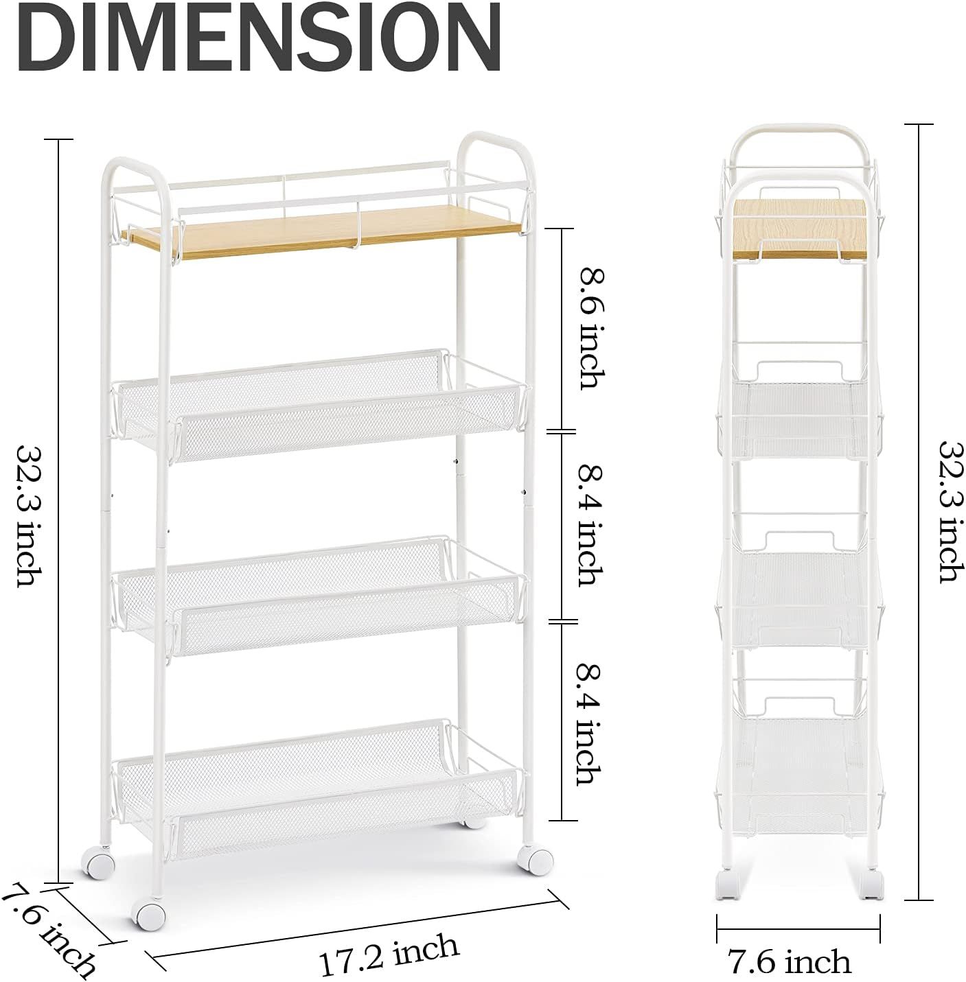 KINGRACK 4-Tier Slim Rolling Storage Cart with Wooden Tabletop,Skinny ...