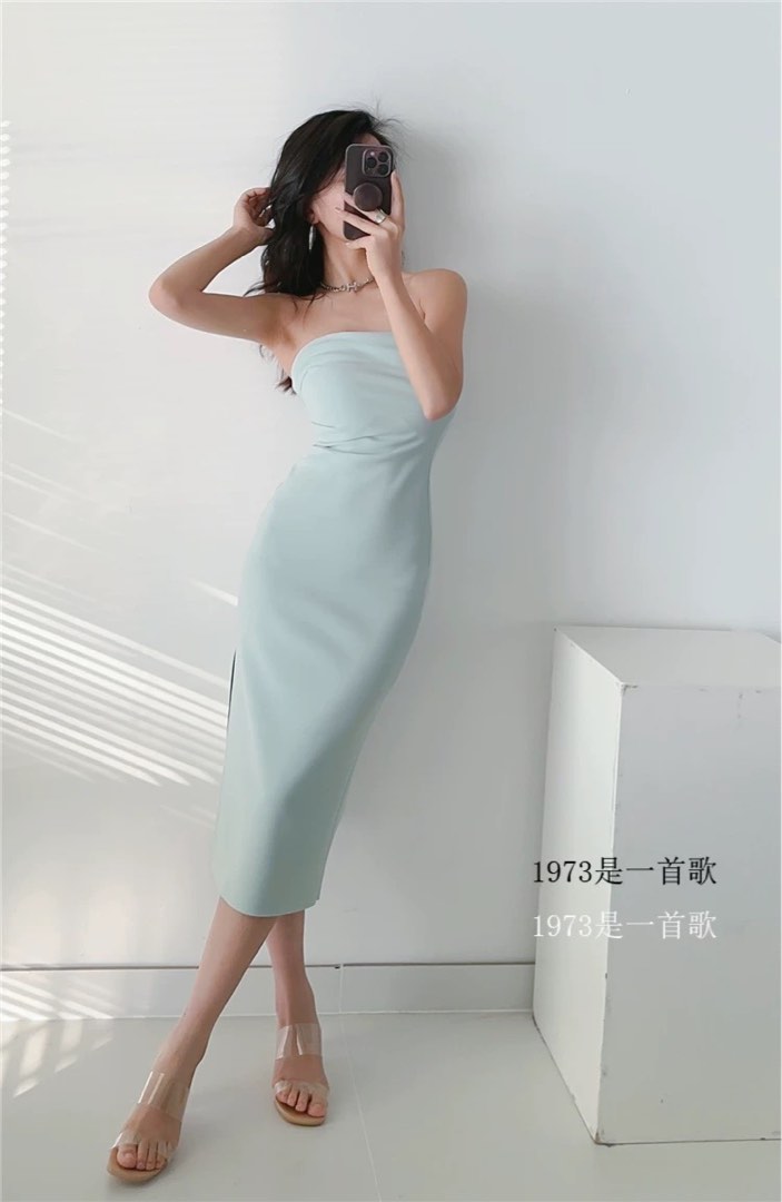 Light green tube top slit midi dress, Women's Fashion, Dresses & Sets ...