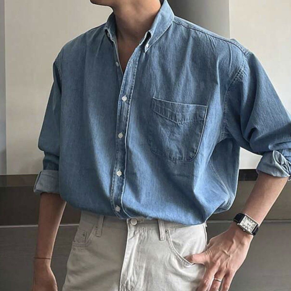 long sleeve light washed blue denim button down casual formal