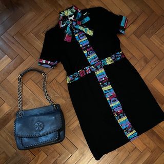 Max Mara Black Dress with silky printed trim, hand tie neck ribbon collar