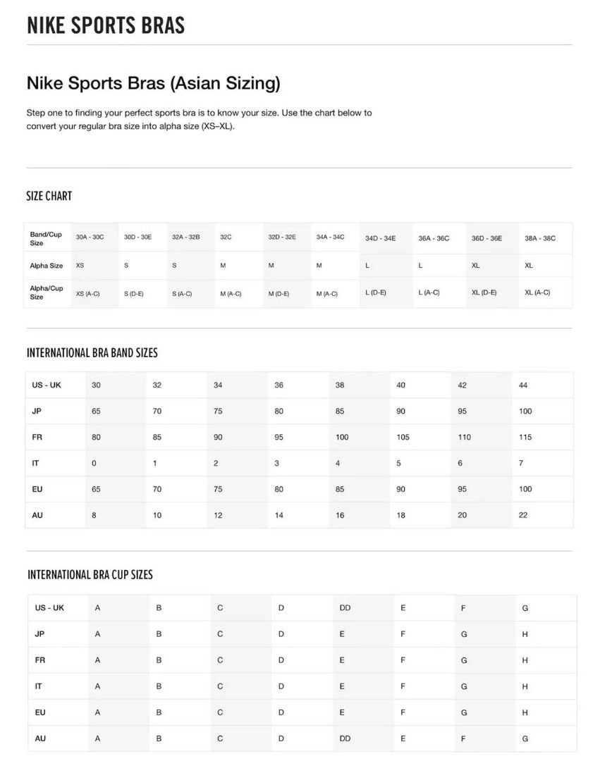 Nike swoosh bra size chart sales
