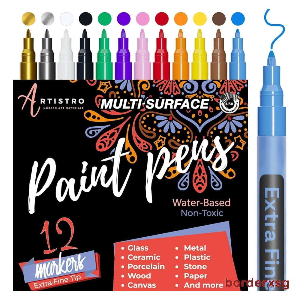 TOOLI-ART 16 Glitter Paint Pens Assorted Colors Set 0.7mm Extra Fine Tip  for Rock, Bullet Journal, Canvas, Most Surfaces. Non Toxic