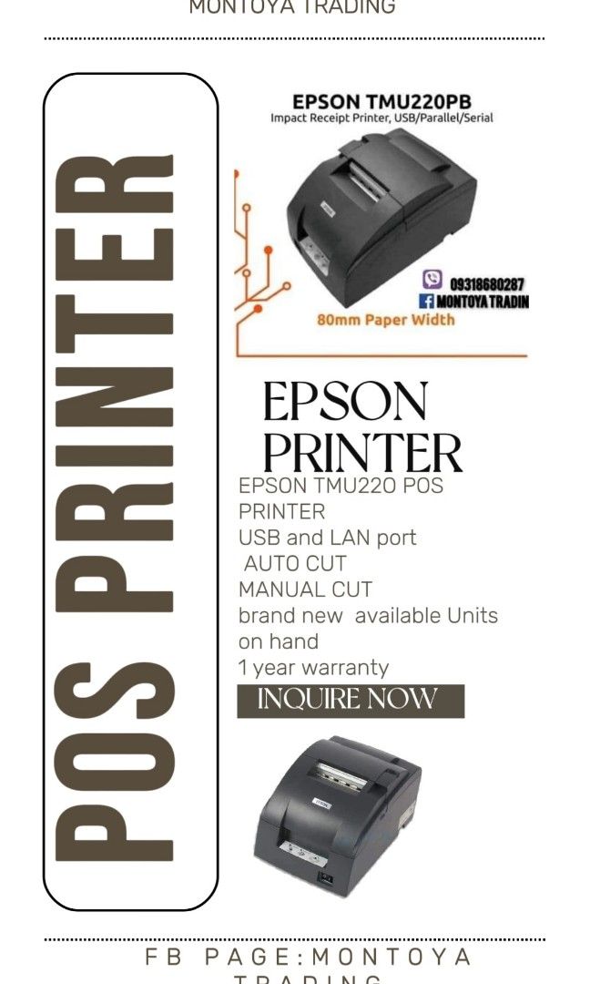 POS EPSON PRINTER TMU220 SEREIS (Category: Printers, Scanners & Copiers) located in Manila. Submitted by cm875381367283 (Listing ID 1268404140, Image 1). Description: Print Method: 9-pin serial impact dot matrix Print Speed: Approximately 4.7 lines per second Column Capacity: 42 columns / 33 columns Character Size: 1.2 mm (W) x 3.1 mm (H) / 1.6 mm (W) x 3.1 mm (H) Interface Options: USB, Serial, Parallel, Ethernet Paper Dimensions: 76 mm (W) x di