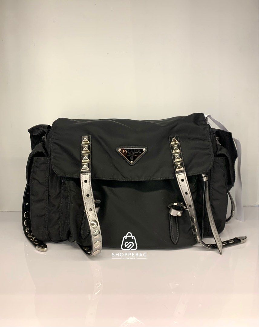 Prada Nylon Stud Embellished Messenger Bag