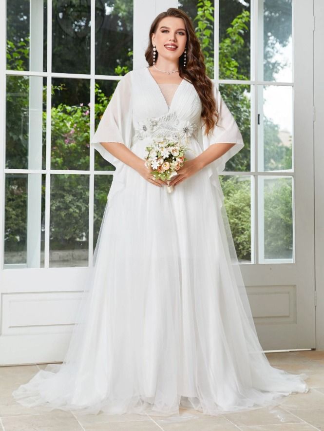 SHEIN Belle Contrast Lace Asymmetrical Hem Wedding Dress