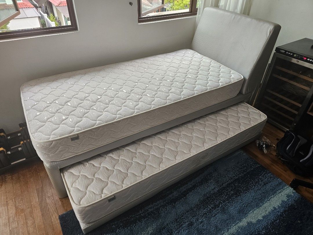 Single size divan bed with slideout spare mattress, Furniture & Home