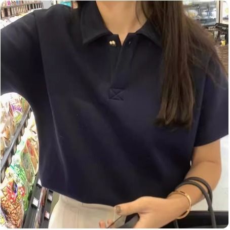 Smart Casual Work Women Button T Shirt in Navy