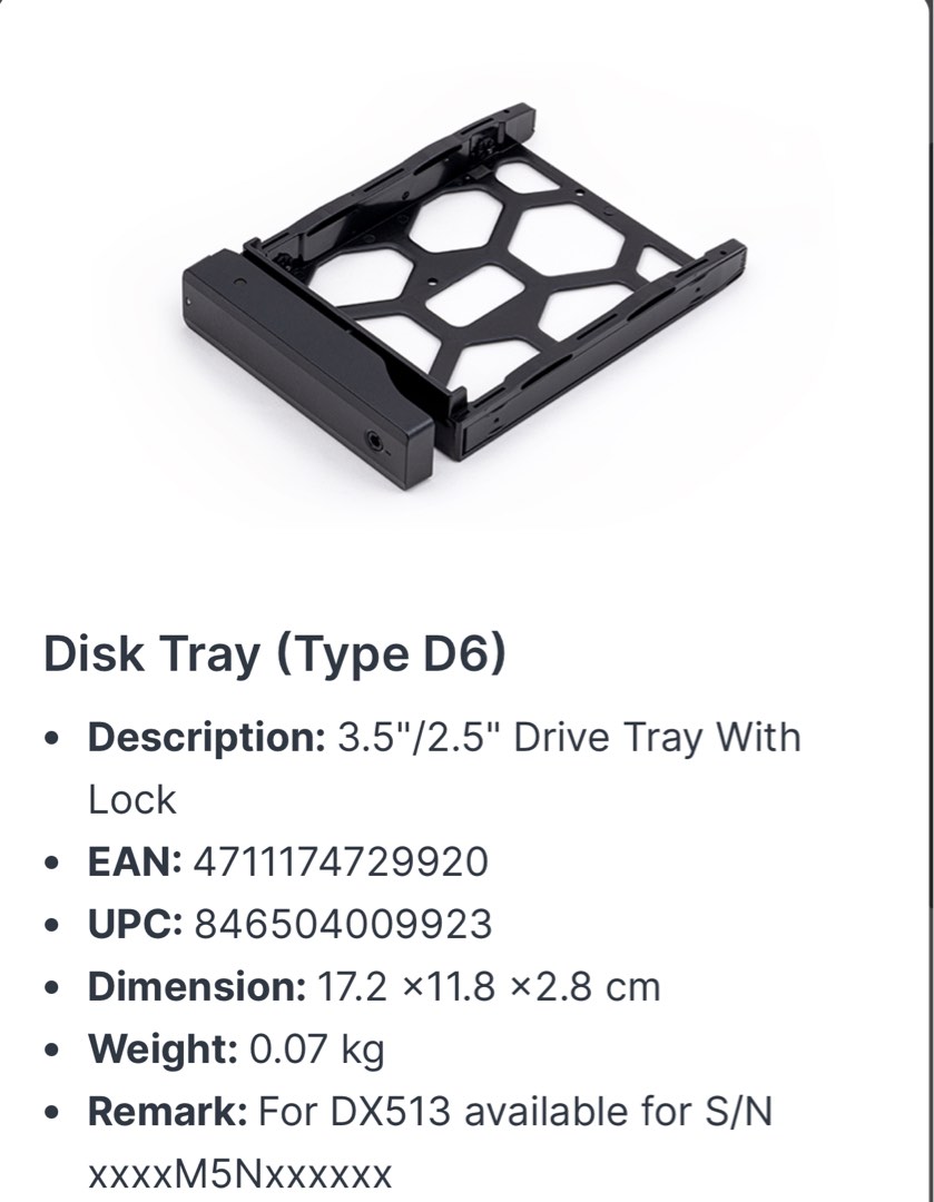 Synology Disk Tray (Type D6), Computers & Tech, Parts & Accessories
