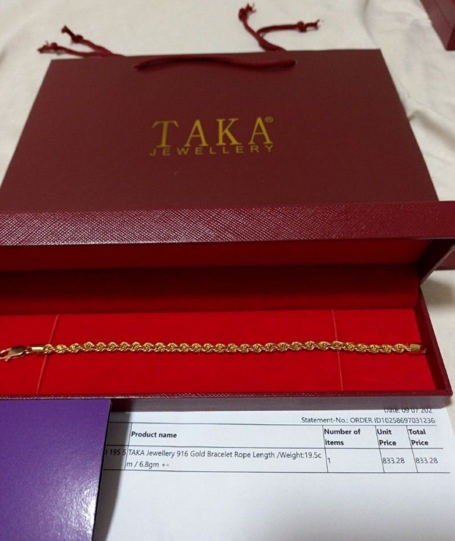 TAKA 916 Gold Bracelet 6.84G , 19.5CM / BRAND NEW, RECIPES, BOX ,PAPER BAG,  Women's Fashion, Jewelry & Organisers, Bracelets on Carousell