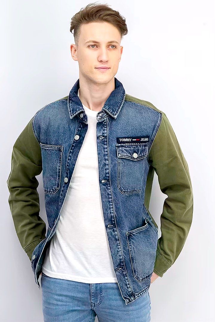 Tommy Hilfiger Tommy Jeans back print cargo mix denim jacket in khaki XS
