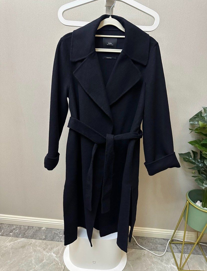 Zara black belted coat new arrivals
