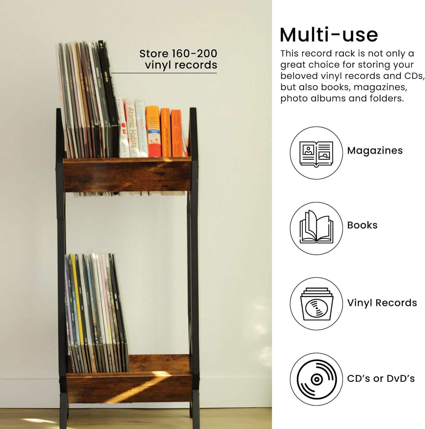 2-Tier Vinyl Record Storage Rack, Curved Black Metal Display Stand