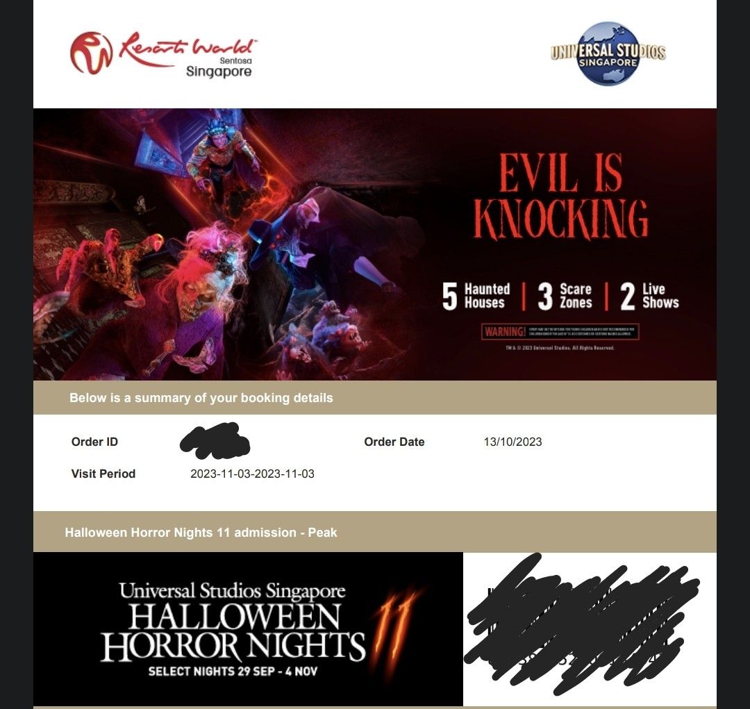 2x USS Halloween Horror Nights tickets (3rd Nov), Tickets & Vouchers