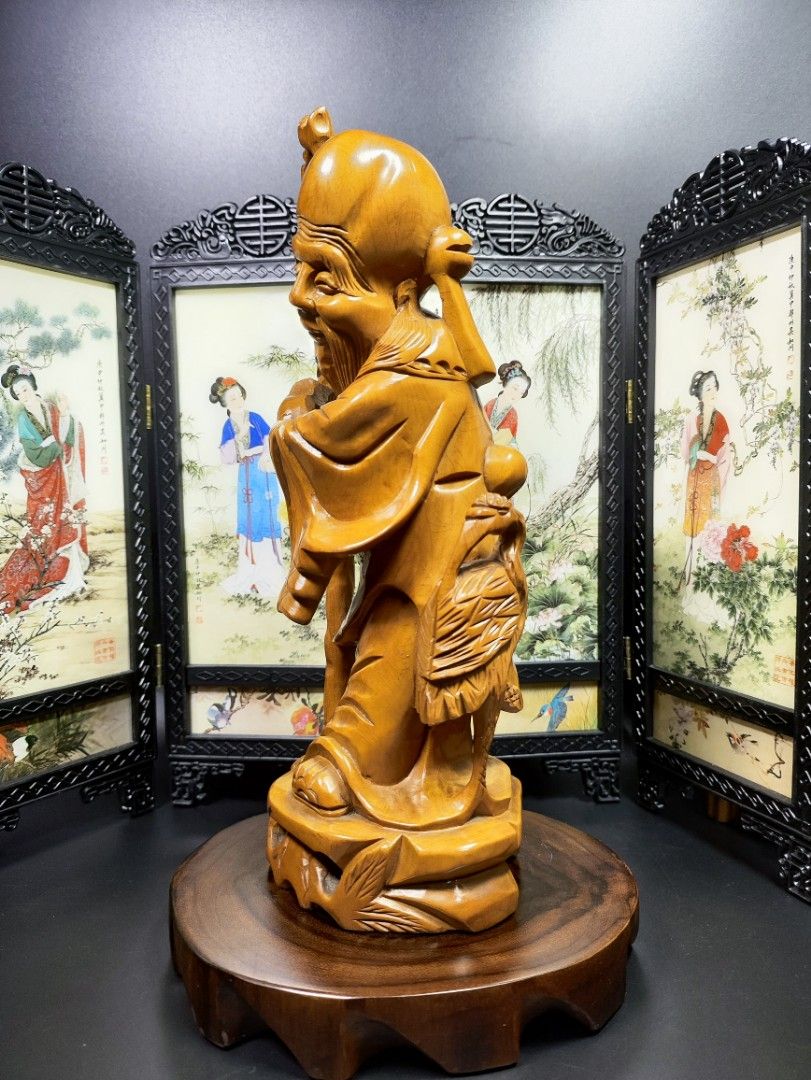早期黃楊木雕老件-南極仙翁（壽仙/壽翁）福祿壽（古董/收藏/銅爐