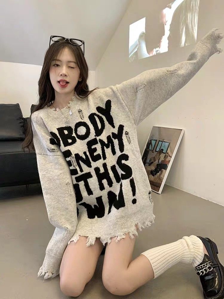 American style ripped sweater for women autumn and winter 2023 new