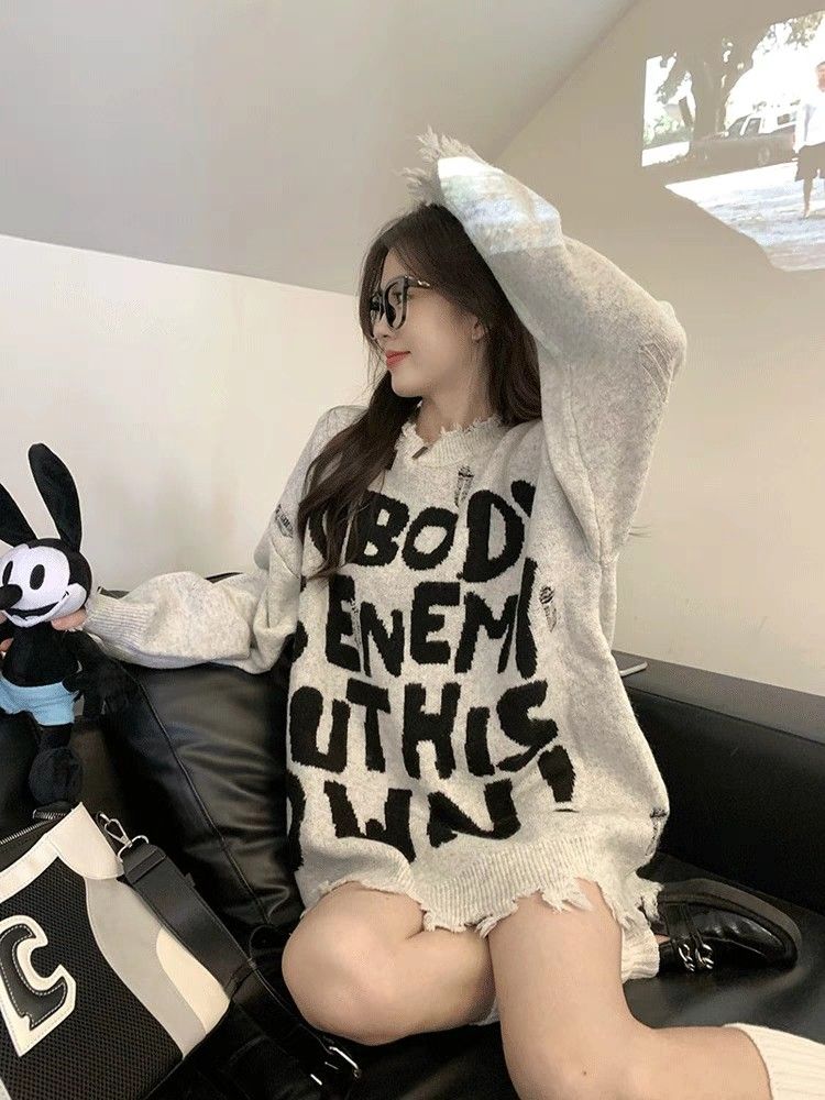 American style ripped sweater for women autumn and winter 2023 new