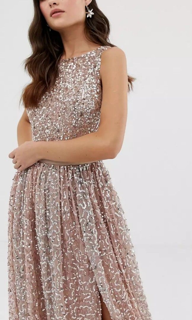 Maya allover contrast tonal delicate sequin store dress with satin waist in taupe blush
