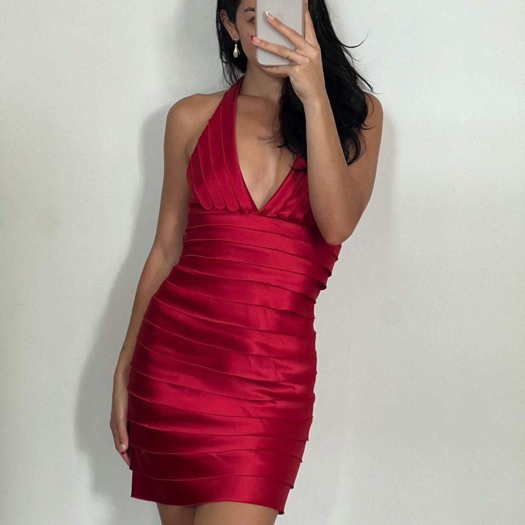 BCBG Max Azria red satin halter neck bandage formal prom cocktail wedding dress