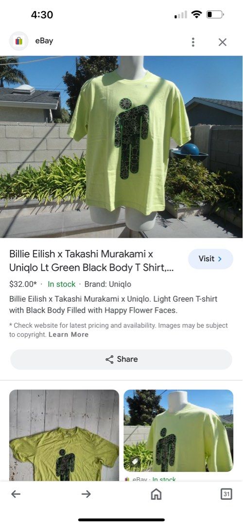 Billie Eilish x Takashi Murakami x Uniqlo Lt Green Black Body T Shirt,  Small