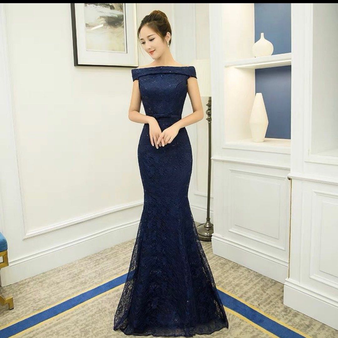 Blue lace fishtail sales dress