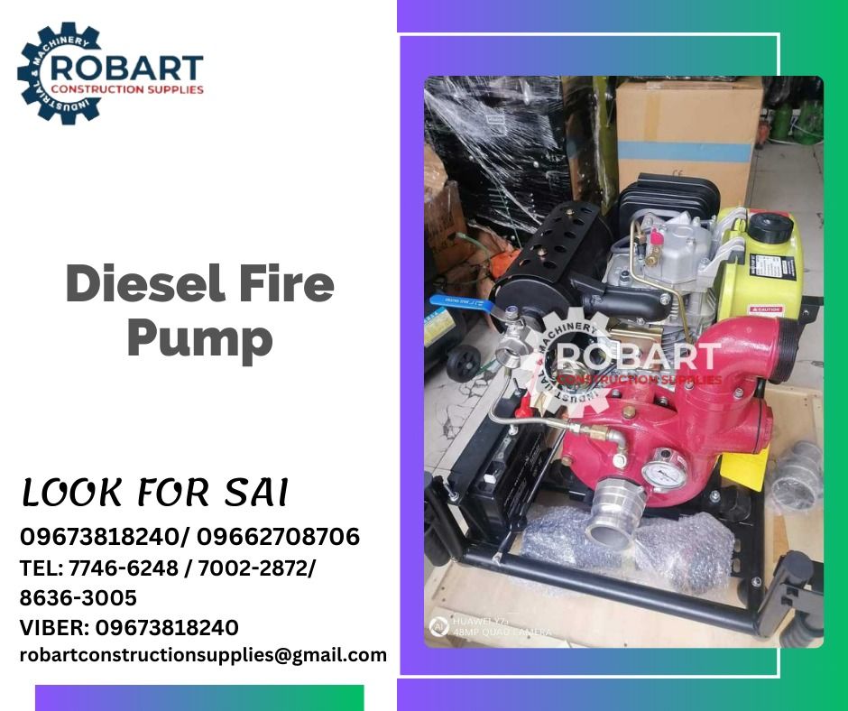Diesel Fire Pump (Category: Construction Tools & Equipment) located in Manila. Submitted by robartehm (Listing ID 1263618881, Image 1). Description: Diesel Fire Pump Brand: Marpro ROBART CONSTRUCTION SUPPLIES Note: Prices are subject to change without prior notice. For inquiries: For FAST TRANSACTION: Sai Robart - 09673818240 / 09662708706 Vbr: Robart Sai - 09673818240 sairobart3@gmail.com Office Address: 1405 Yuseco St. Sta. Cruz Manila 7746-624