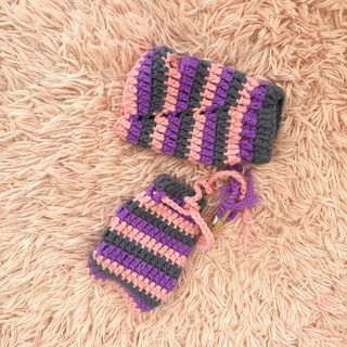 Fingerless Emo Y2K Gloves Stripe Stripes Striped Yarn Handmade Crochet Purple Pink Gray Hand Cute