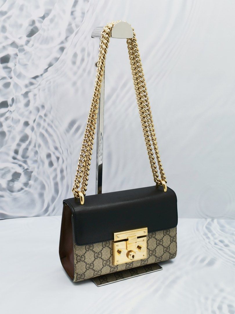 GUCCI SMALL PADLOCK GG SUPREME CANVAS BLACK LEATHER GOLD CHAIN
