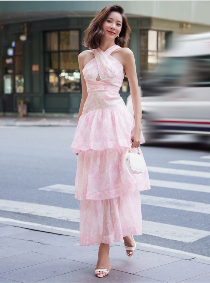 Jovie Ruffle Tiered Wrap Halter Dress in Pink