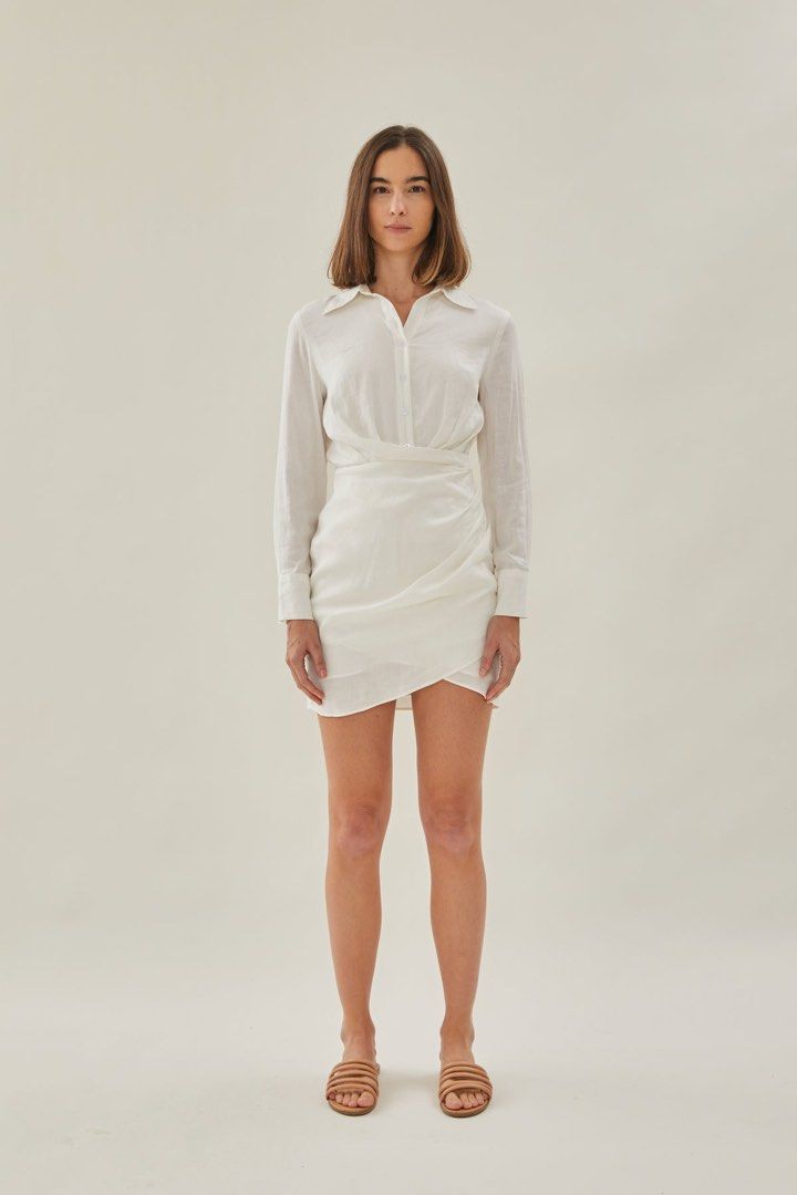 Linen wrapped shirt dress in white Women s Fashion Dresses