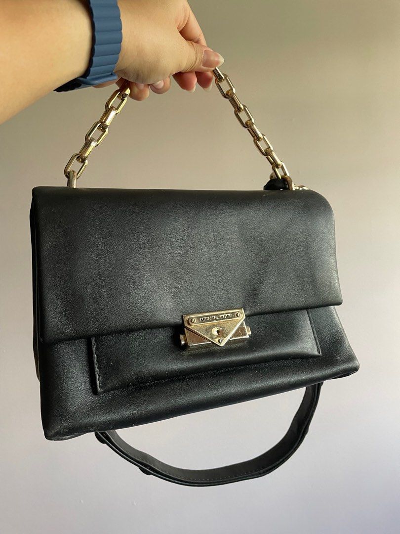 Michael Kors Cece Medium Flap Chain Shoulder Bag Black gold MK Signature