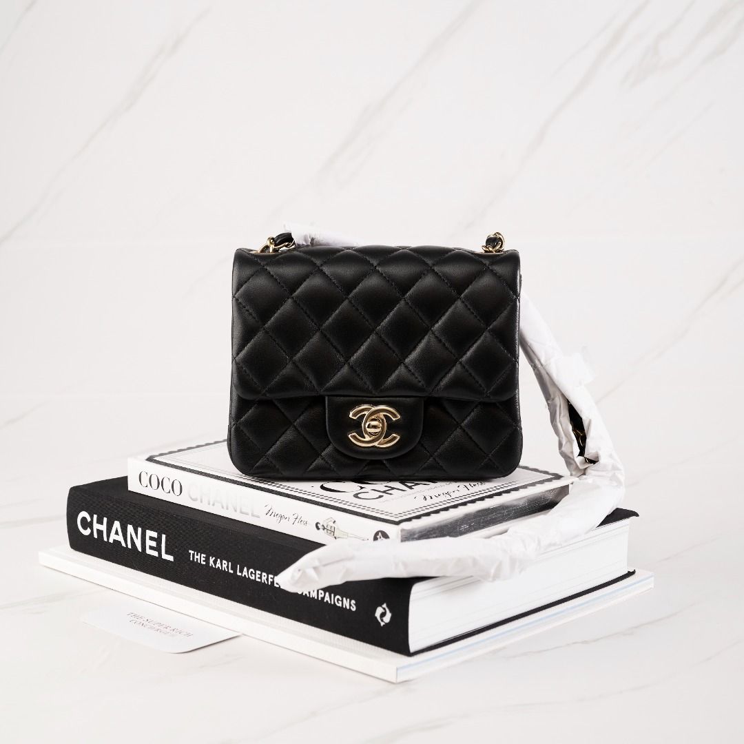 NEW] Chanel Mini Square Flap Bag  Lambskin Black & Gold-Tone Metal,  Luxury, Bags & Wallets on Carousell
