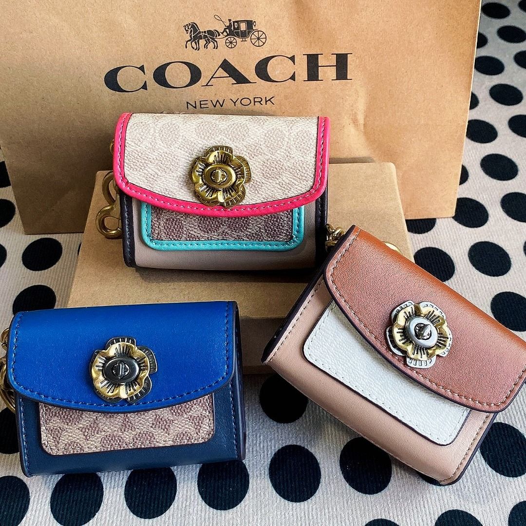 New Coach Original Turnlock Button Parker Charm Colorblock Signature Canvas Camellia Card Holder Coin Purse Mini For Women Come With Complete Set