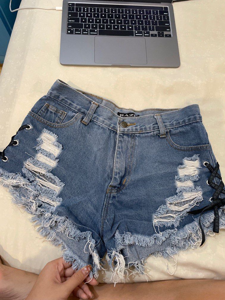 Ripped Denim Leggings with Cute Ribbons Women s Fashion Bottoms