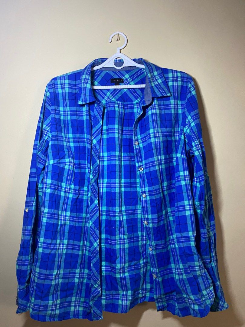 Talbots, Tops, Talbots Cotton Top Blue Checkered Pattern Cotton Lace Size  Large