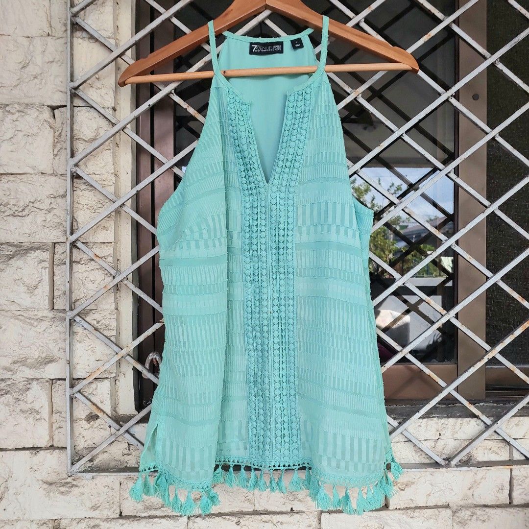 Turquoise Crochet Bralette Top with Tassel, Tunic-Shirt