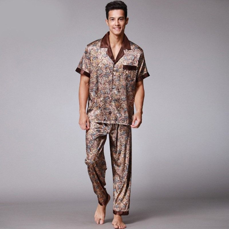 Fashion Men's Pajamas New Spring Summer Men Faux Silk Pajamas Set
