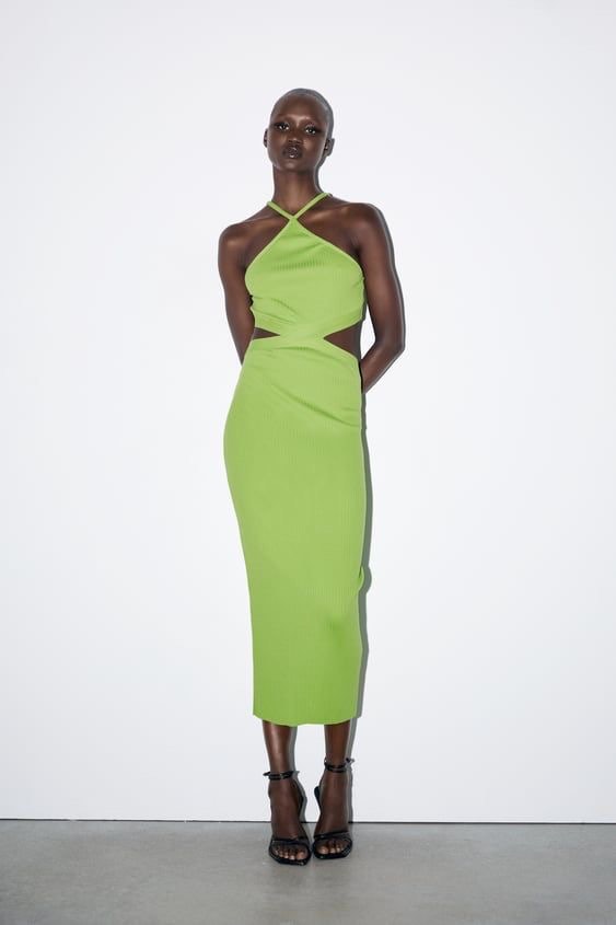 zara green cut out dress Zara Green satin cut out midi dress with slit. Only