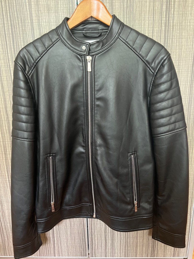Zara black leather jacket men hot sale