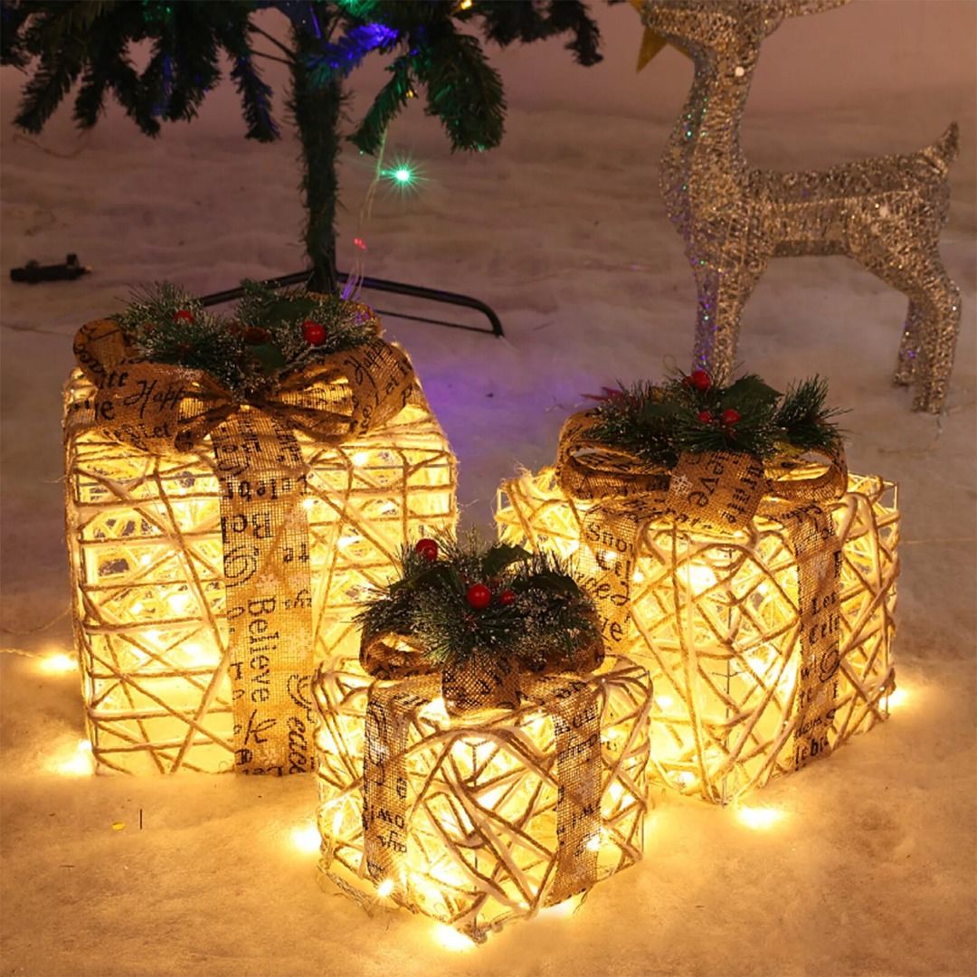 3Pcs Christmas Decoration Lighted Gift Box Wrought Iron/Rattan