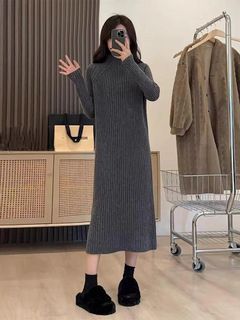 全新久放炭灰色高領毛衣針織長洋裝 簡約毛衣長連衣裙 香港製針織毛衣