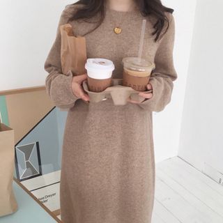 全新奶茶色針織毛衣連衣裙 針織毛衣長洋裝 大尺碼毛衣洋裝