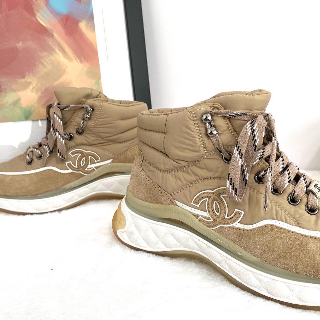 Authentic Chanel Beige White Iconic CC Logo Nylon Sneakers