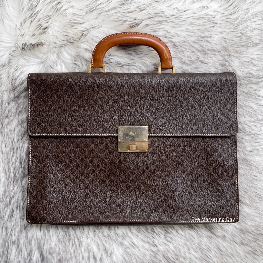 Celine Macadam Vintage Brown Leather Briefcase Document Handbag, Luxury