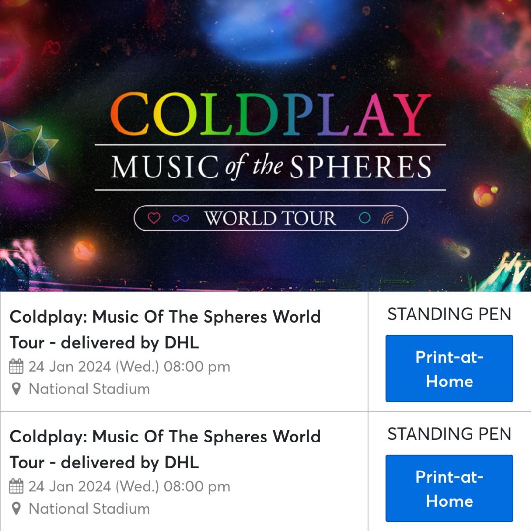 COLDPLAY 24 Jan 2024 8PM STANDING PEN x 2 TICKETS, Tickets