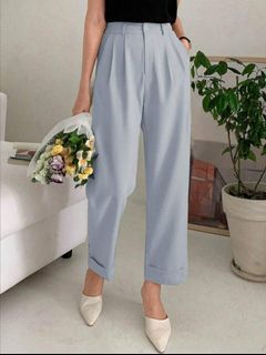 DAZY High-waist Plicated Detail Roll Hem Pants in Pastel Blue