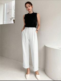 DAZY High-waist Plicated Detail Roll Hem Pants in White