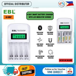 EBL LN-6907 4-Bay Smart Battery Charger with LCD Indicator Screen, Individually Controlled Quick Charging Slots, and Intelligent Overcurrent Protection (4 slots charger) for AA AAA Ni-MH Ni-CD Rechargeable Batteries - VMI Direct