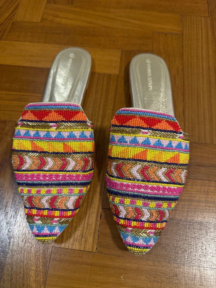 Hand beaded flat close toe shoes open back shoes. Slip on shoes